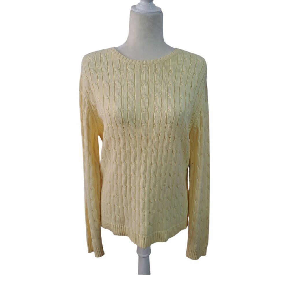 Kate Hill Women's Cable Knit Pastel Yellow Preppy Long Sleeve Pima Cotton Large